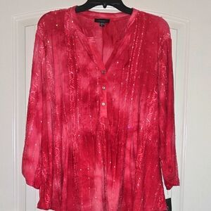Carolyn Taylor Red Pleated 3/4 Sleeve Blouse